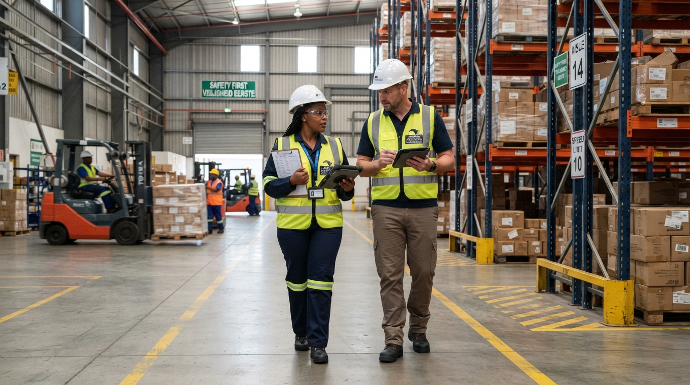 Safety auditors reviewing a warehouse site